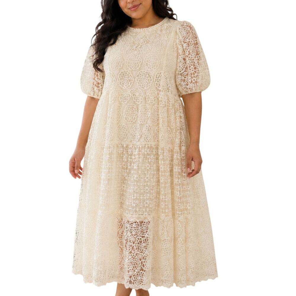 Coquette Cream Lace Puff Sleeve Midi Dress Medium Large by Imzzy NWT